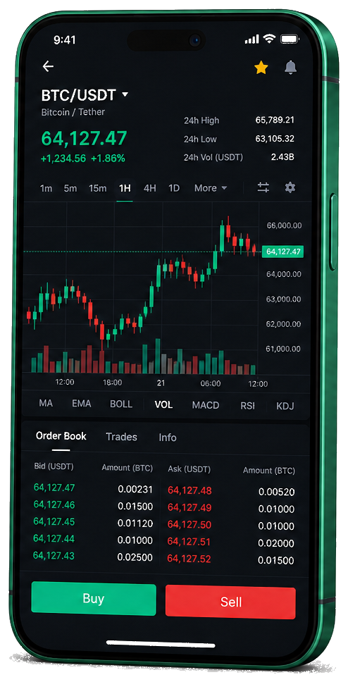 Interface mobile GuadeFin Hub — graphique BTC/USDT en temps réel, carnet d’ordres et outils de trading